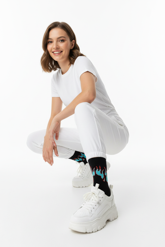 Black Turquoise Flame Socks Woman Crouched Smiling
