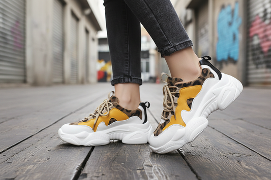Leopard Chunky Sneakers Yellow On Feet