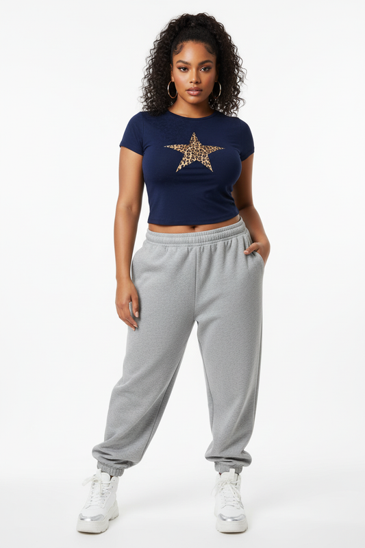 Navy Blue Leopard Star Crop Top Curvy Model Baggy Joggers