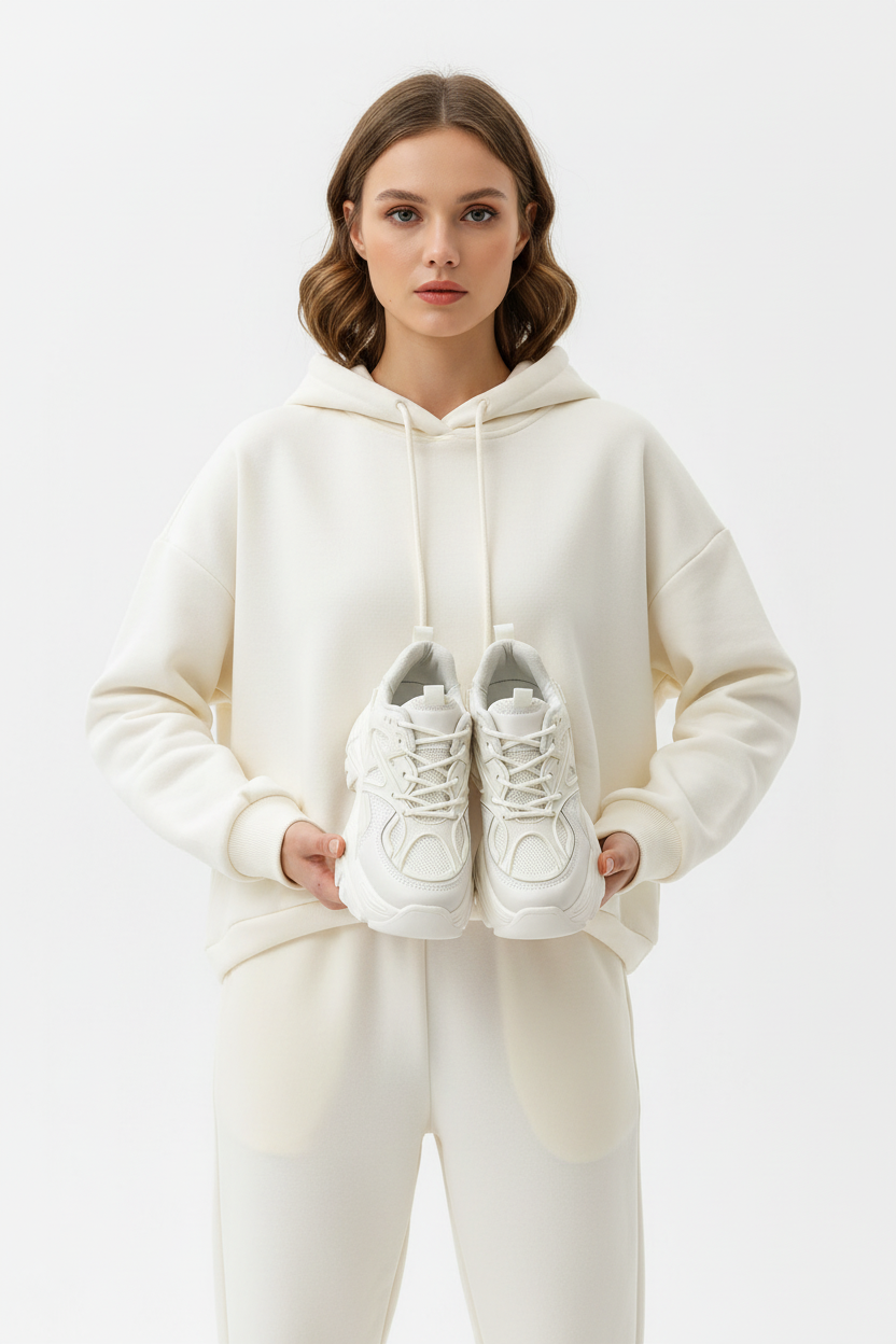 Baskets chunky blanc cassé tenues en main