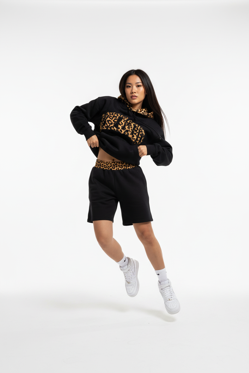Black Leopard Set Shorts Hip Hop Model