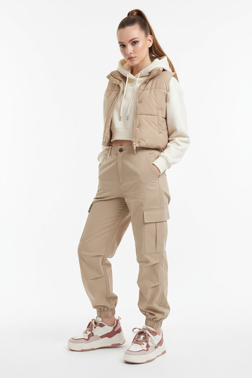 Cream Beige Chunky Sneakers Woman Model