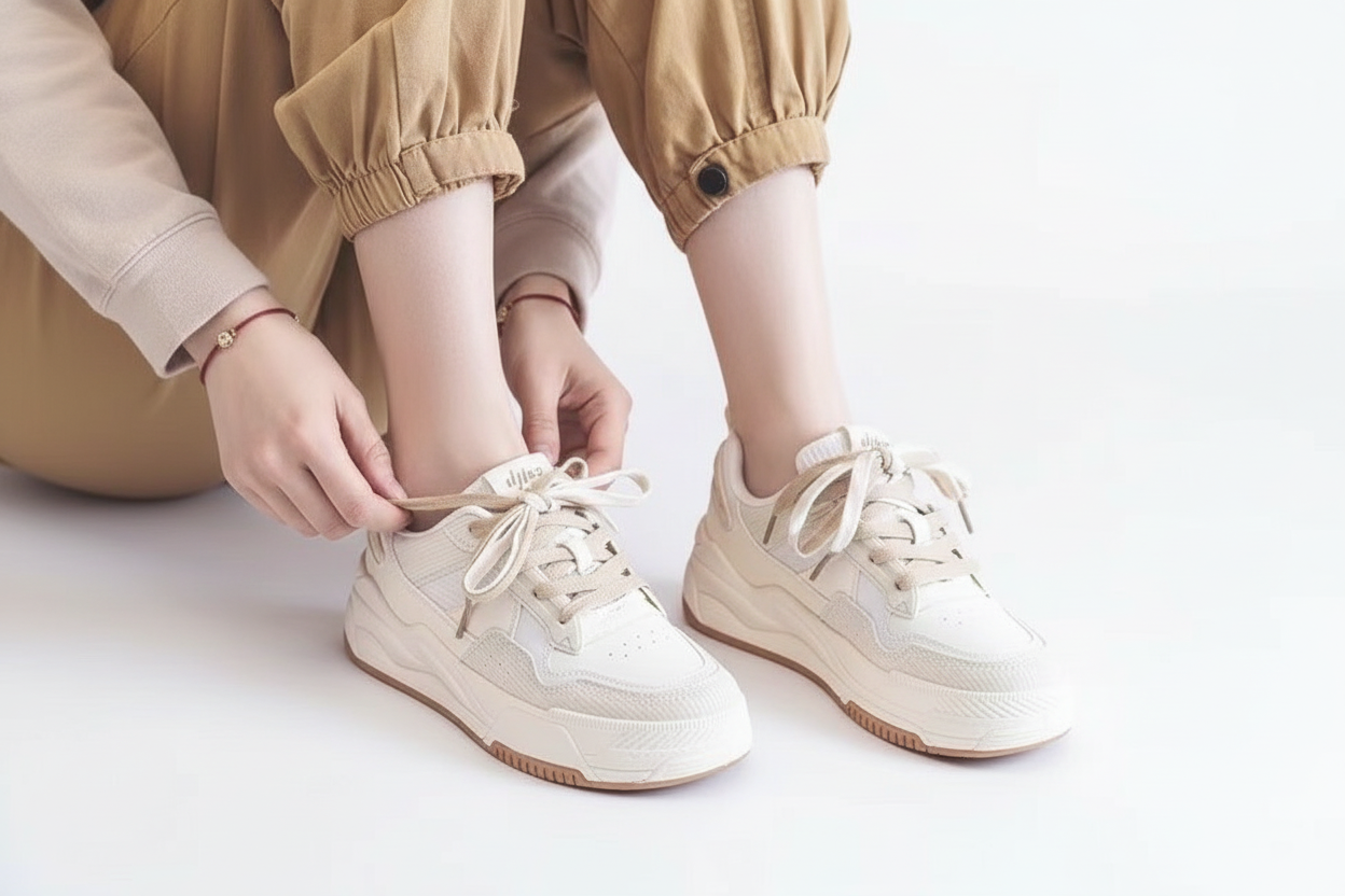 Cream White Beige Sneakers Legs Close-up Seated