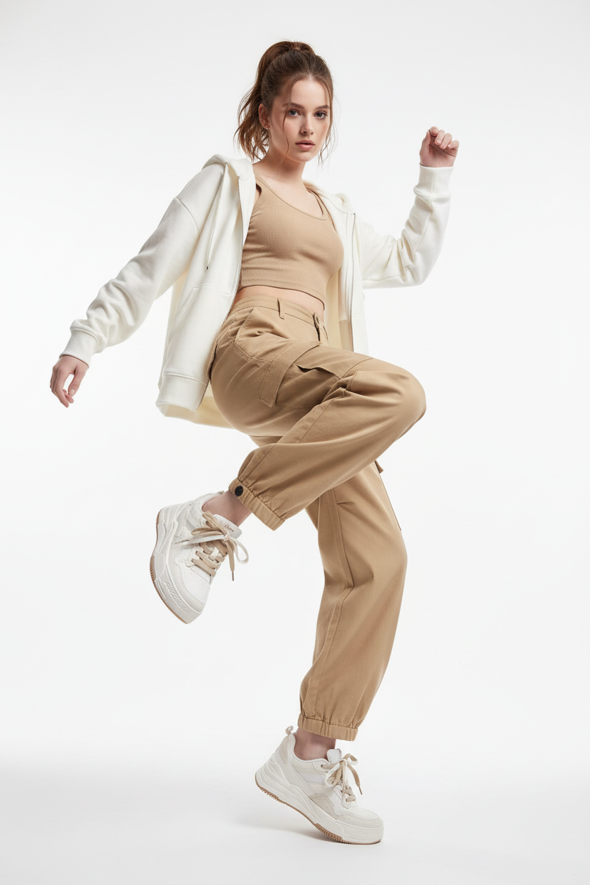 Cream White Beige Sneakers Woman Dynamic Pose