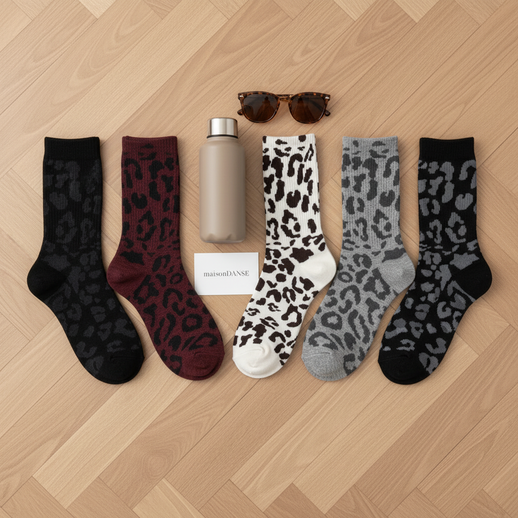 Flat lay chaussettes léopard - ambiance sobre beige taupe danse