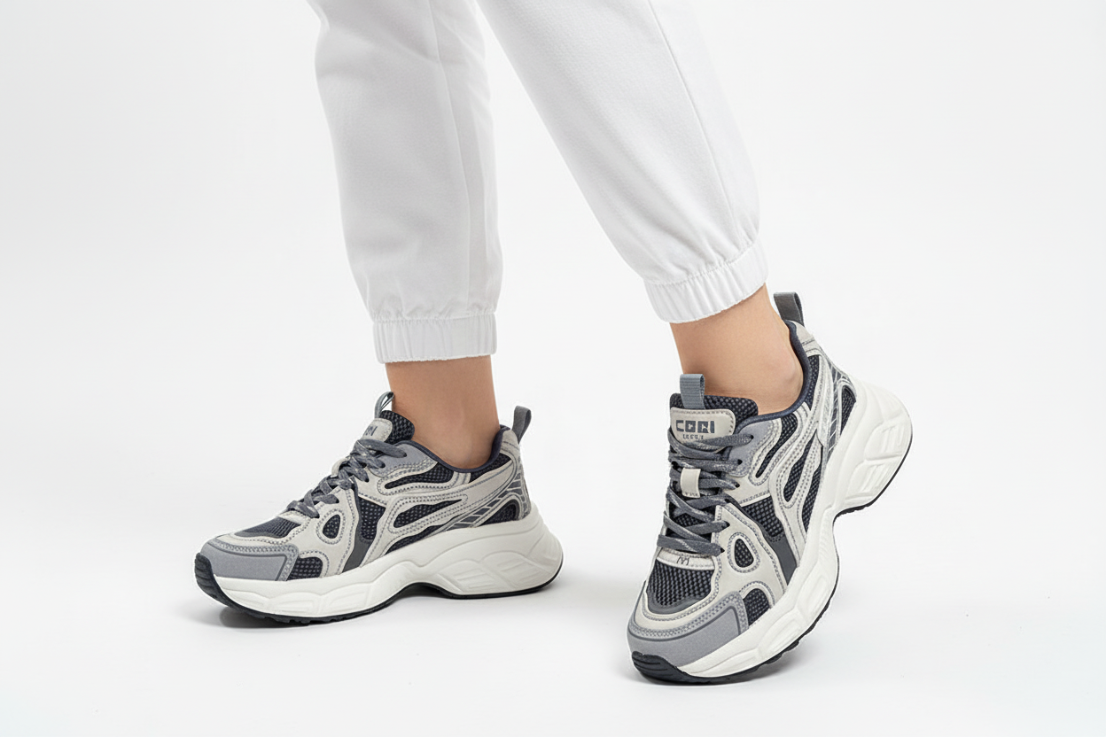 Grey Navy Urban Flow Sneakers Legs Close-up
