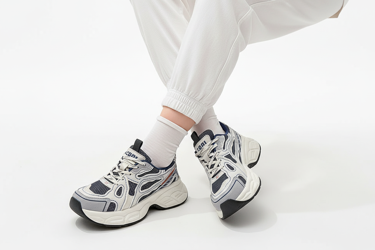 Grey Navy Urban Flow Sneakers Legs Seated