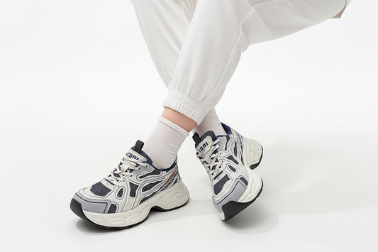 Grey Navy Urban Flow Sneakers Legs Seated