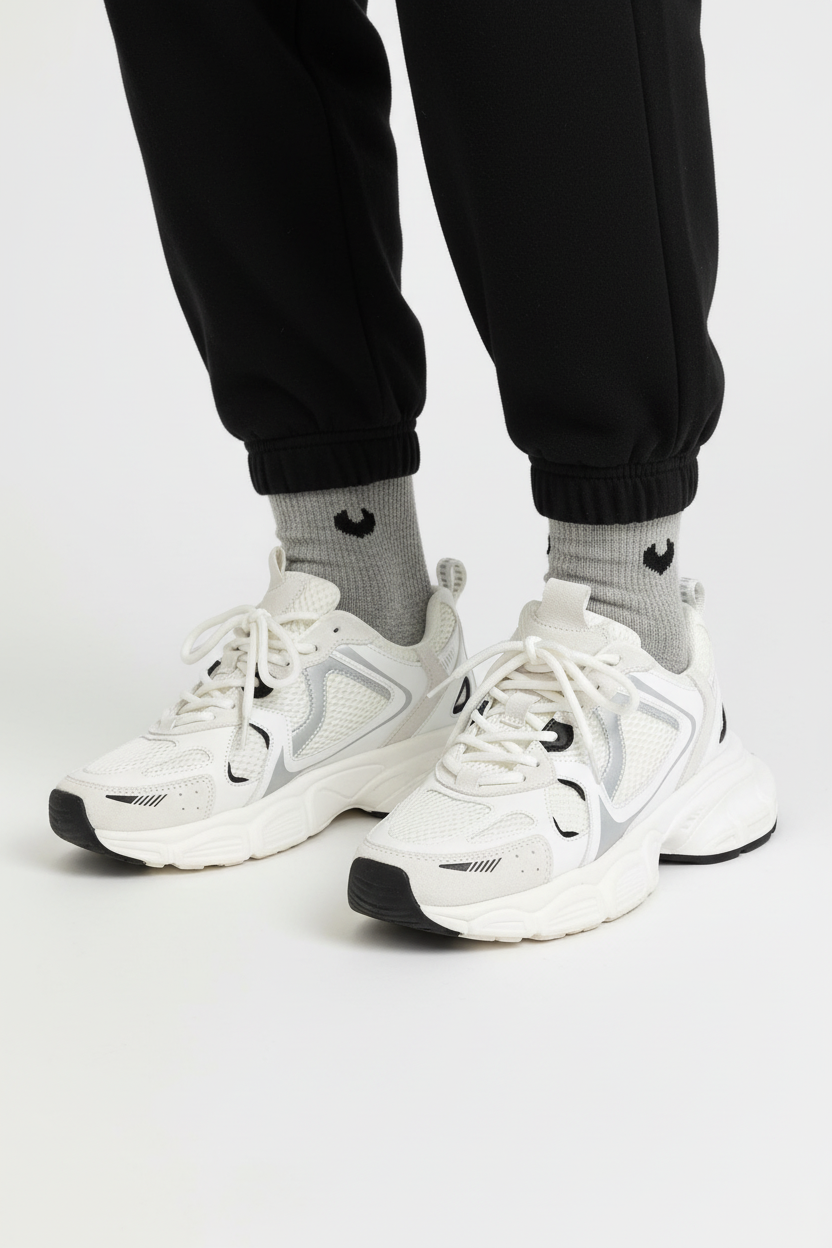 Gros plan pieds en baskets chunky avec chaussettes grises