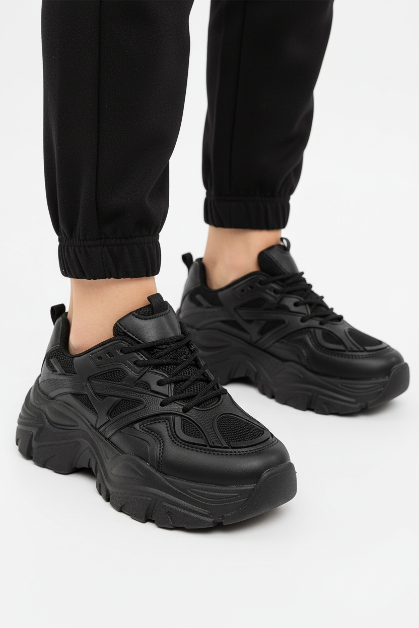 Gros plan pieds en baskets chunky noires