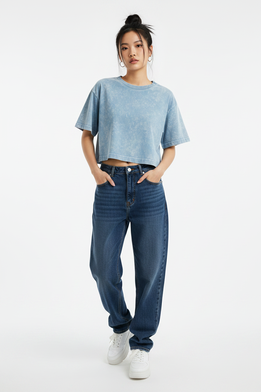 Crop top large bleu washed - mannequin fond blanc studio
