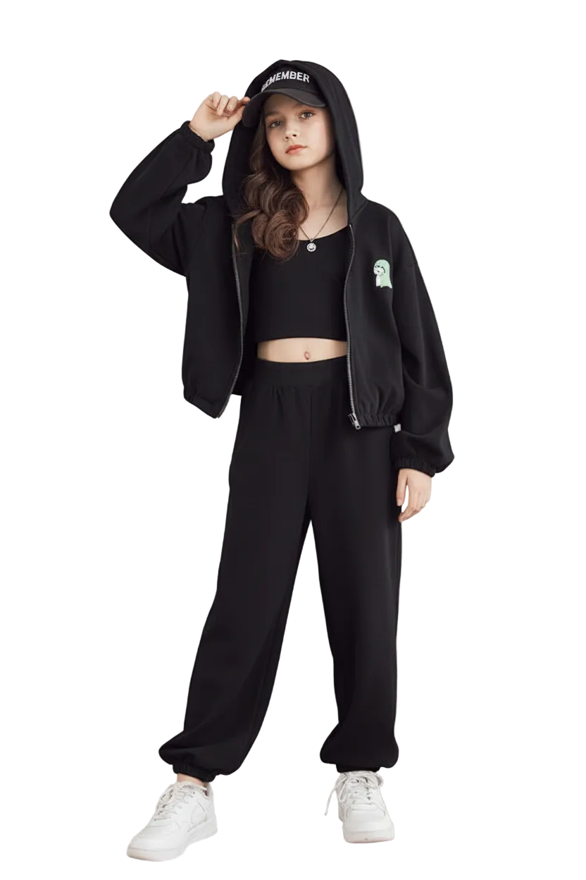 Jeune fille européenne avec ensemble noir uni et capuche