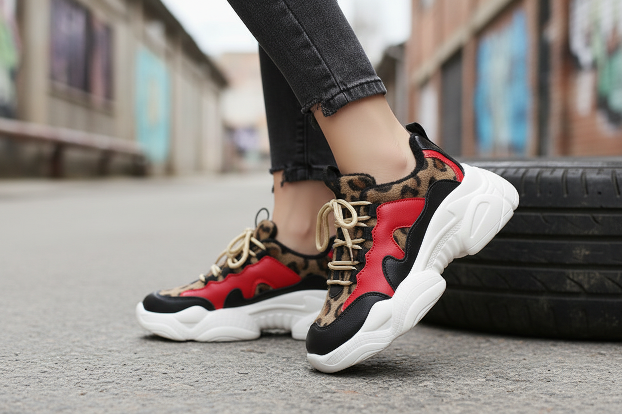 Leopard Chunky Sneakers Red On Feet