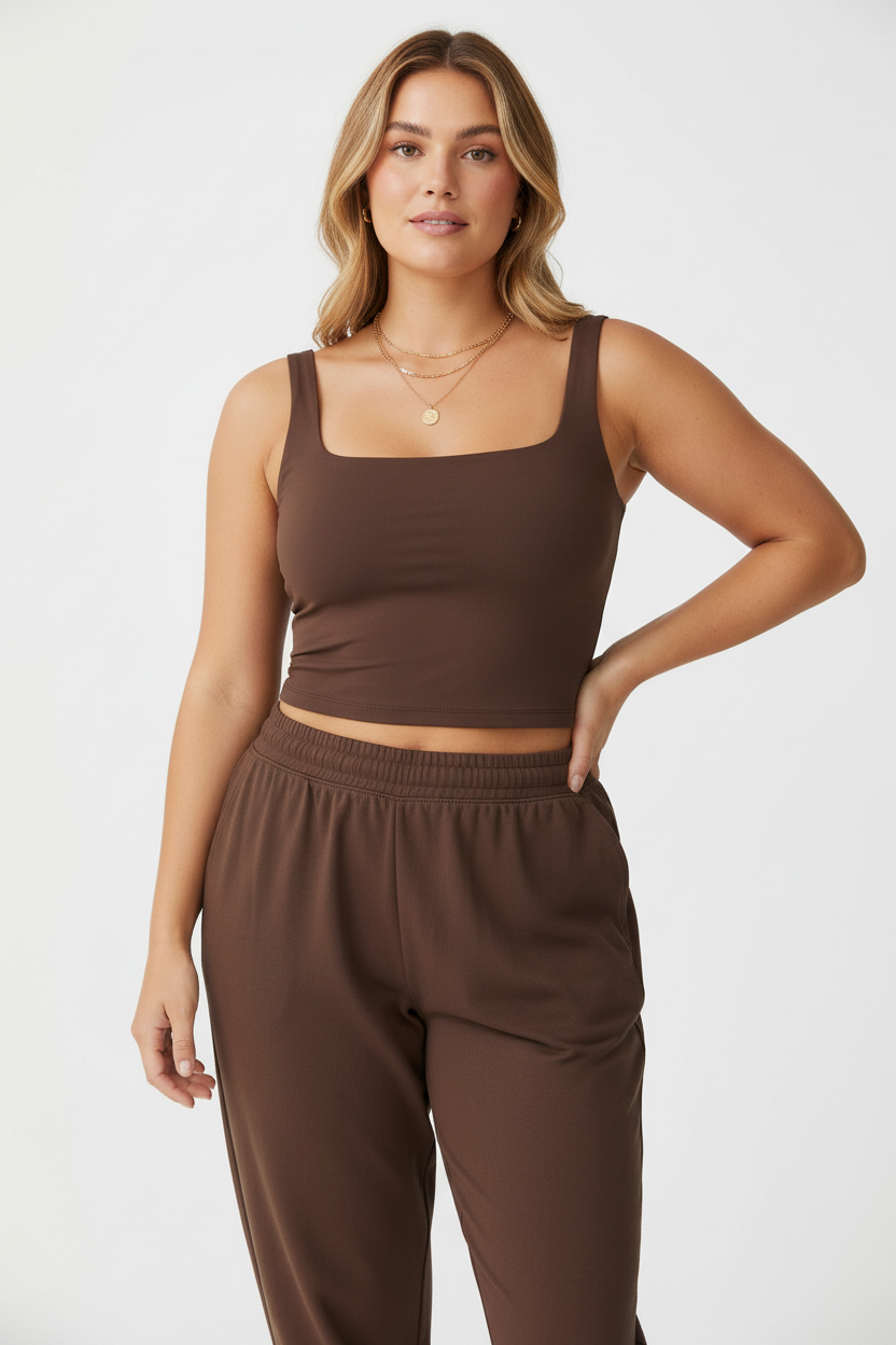 Mannequin curvy moyen-oriental en débardeur marron