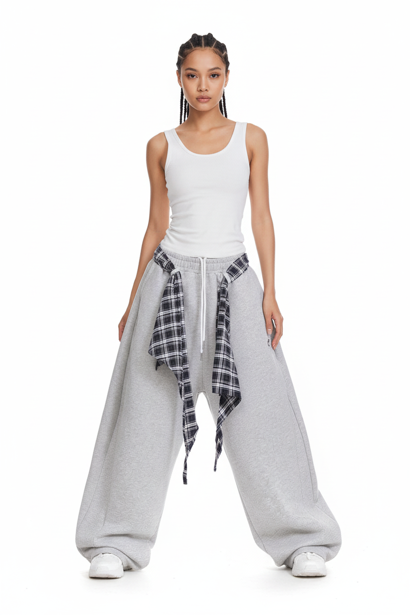Mannequin portant le pantalon large gris à carreaux
