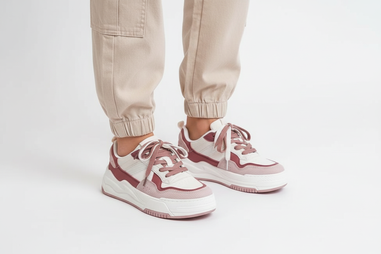 Pink Cream Chunky Sneakers Legs Close-up