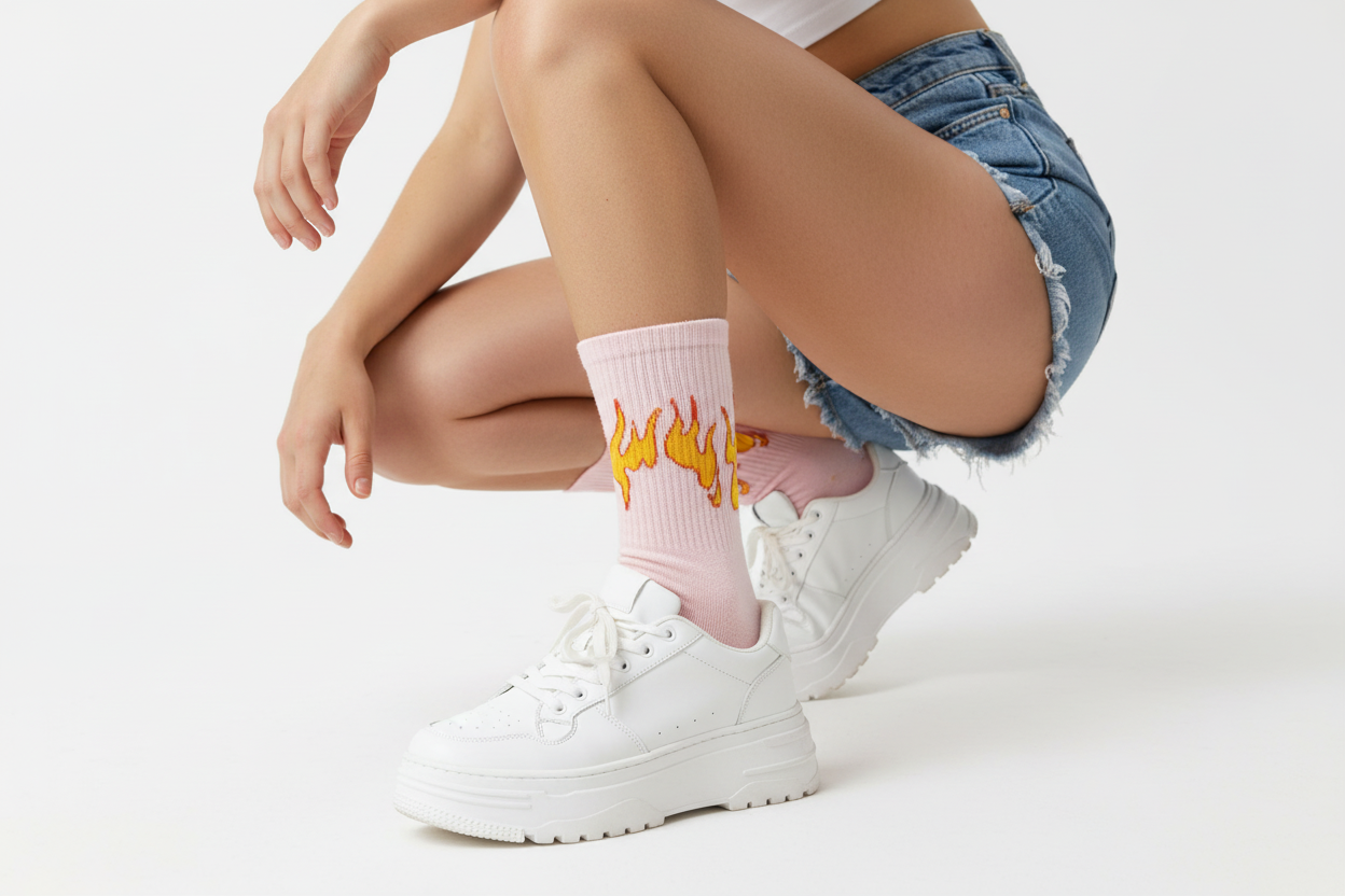 Pink Flame Socks Feet Crouched Side Angle