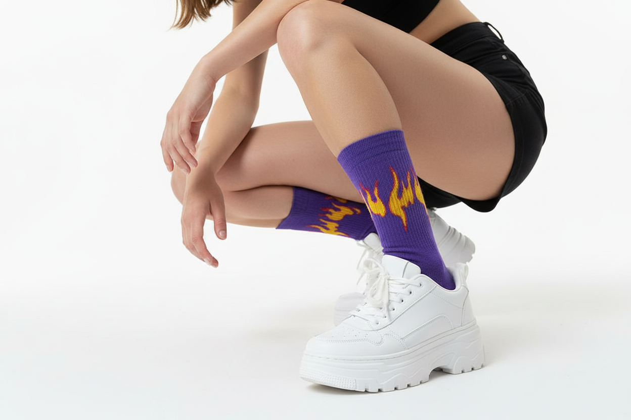 Purple Flame Socks Feet Crouched Close-up