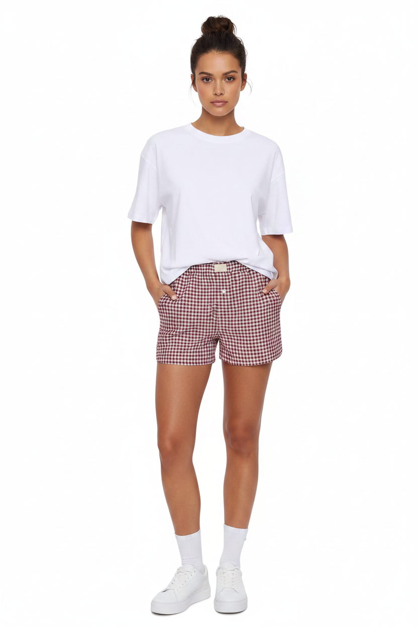 Short vichy rouge foncé mannequin