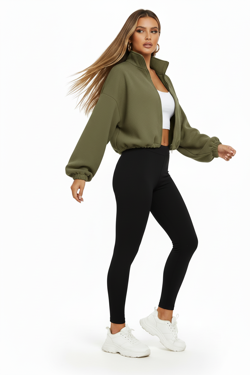 Sweat zippé crop - Kaki militaire
