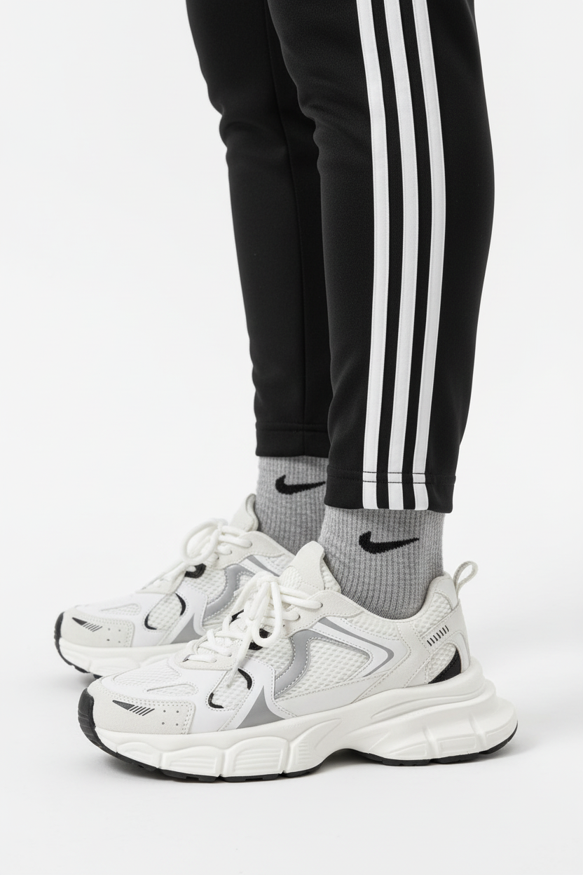 Vue de profil baskets chunky avec pantalon rayé