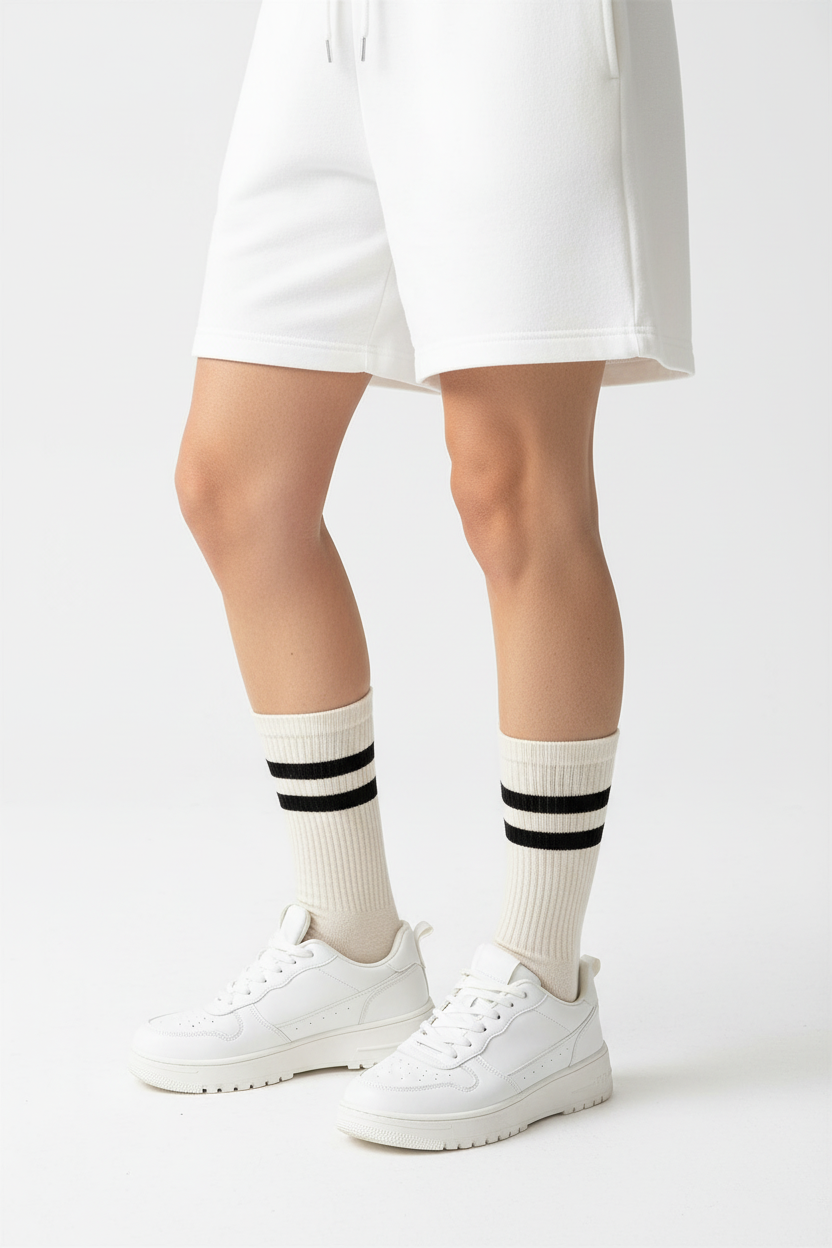 Zoom pieds chaussettes beiges avec short blanc