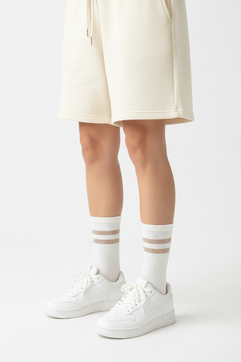 Zoom pieds chaussettes blanches bandes marron avec short crème
